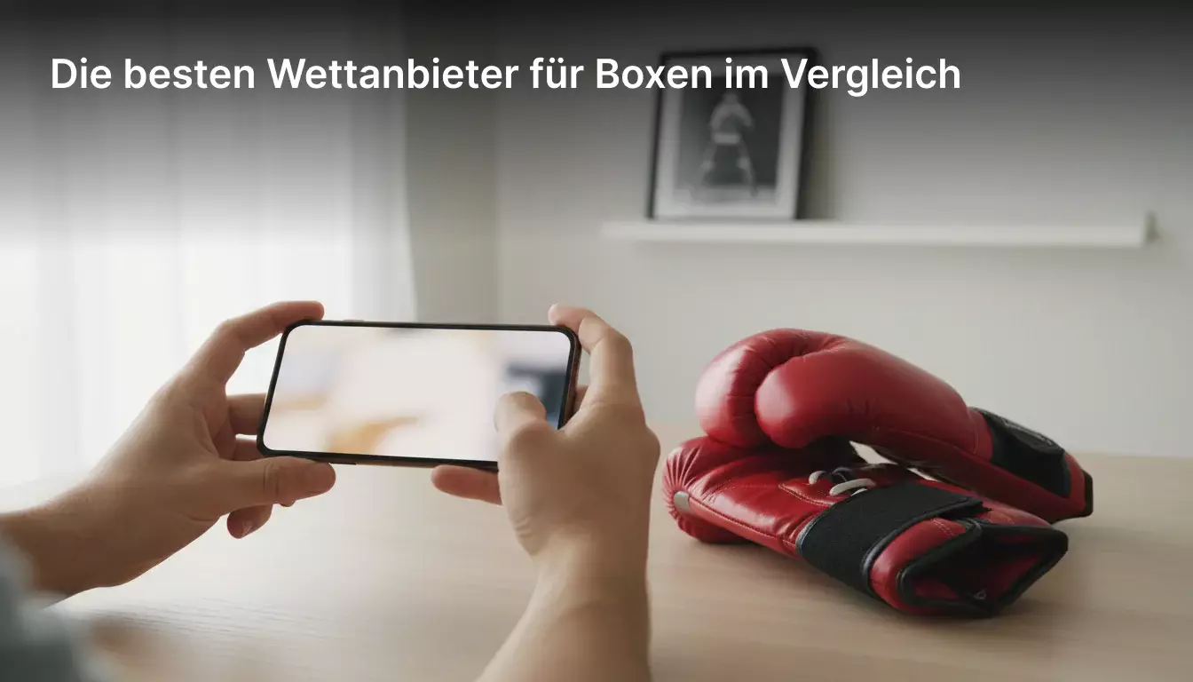 Person nutzt Smartphone für Boxwetten, Boxhandschuhe liegen daneben auf dem Tisch