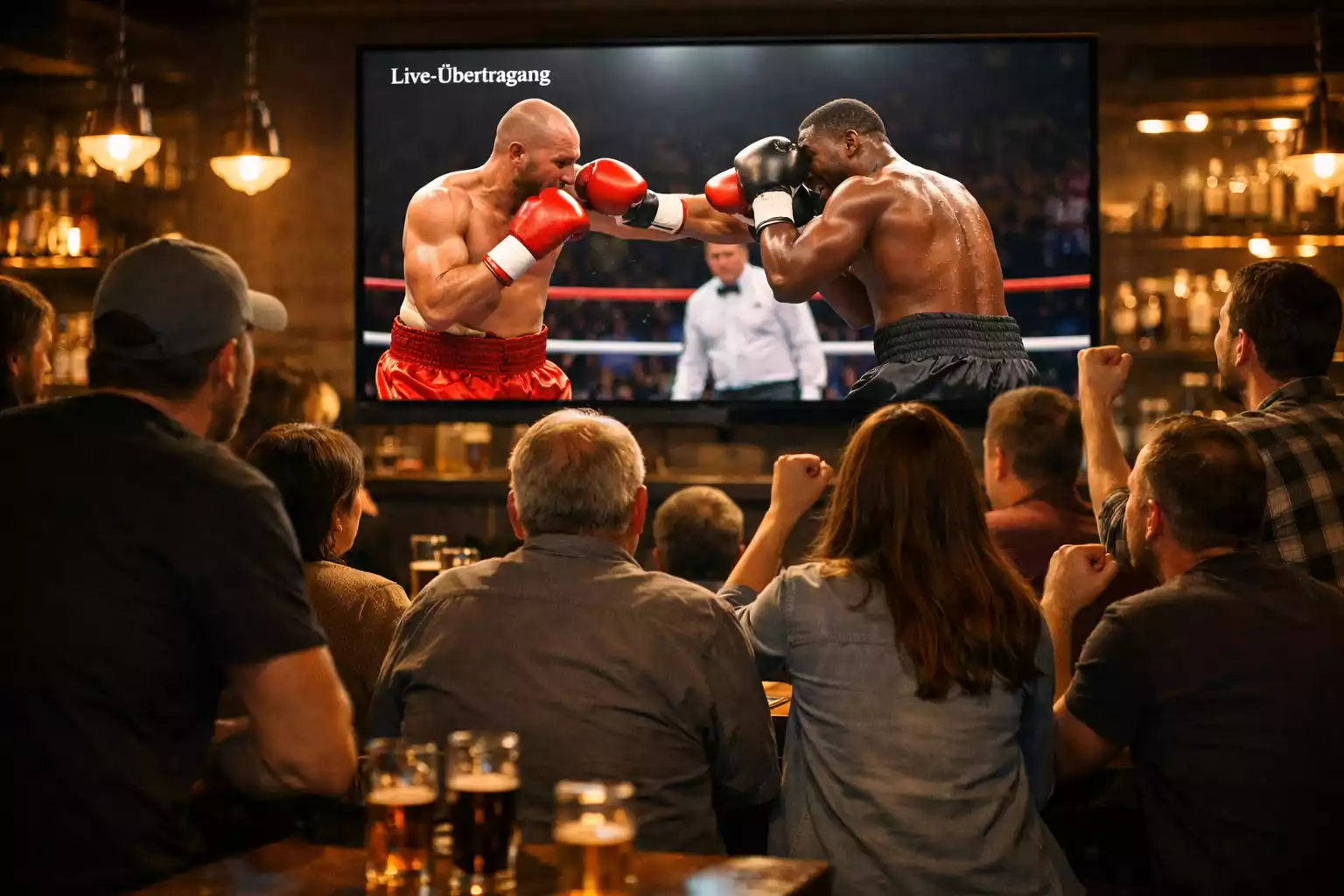 Zuschauer verfolgen gespannt einen Boxkampf auf Großbildschirm in einer Arena
