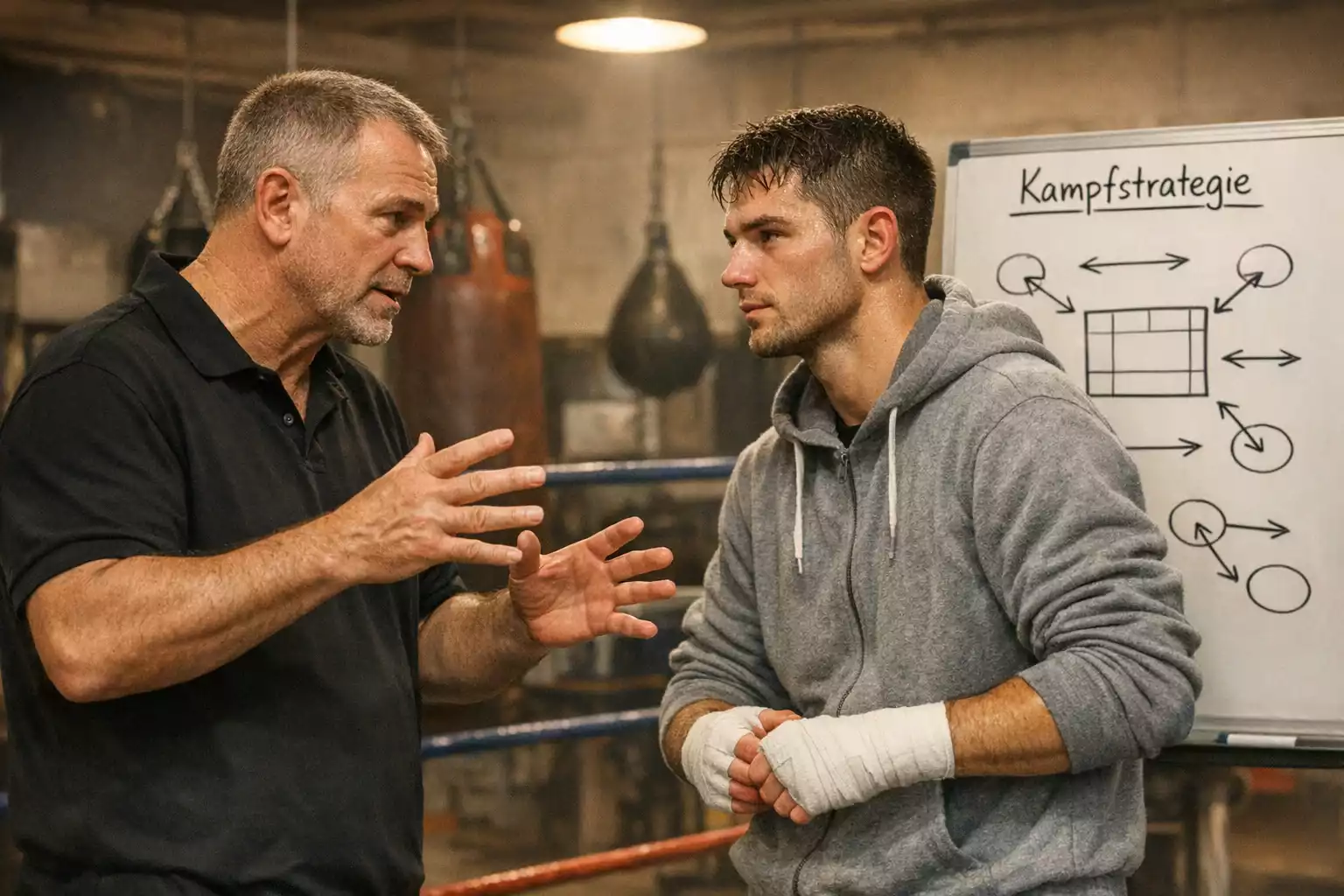 Trainer erklärt Boxer die Kampfstrategie mit Taktiktafel in der Boxhalle