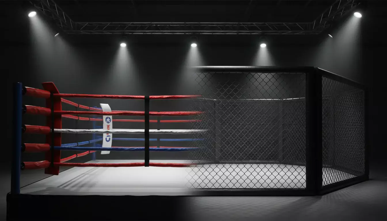 Boxring und MMA-Käfig nebeneinander in einer Kampfsporthalle