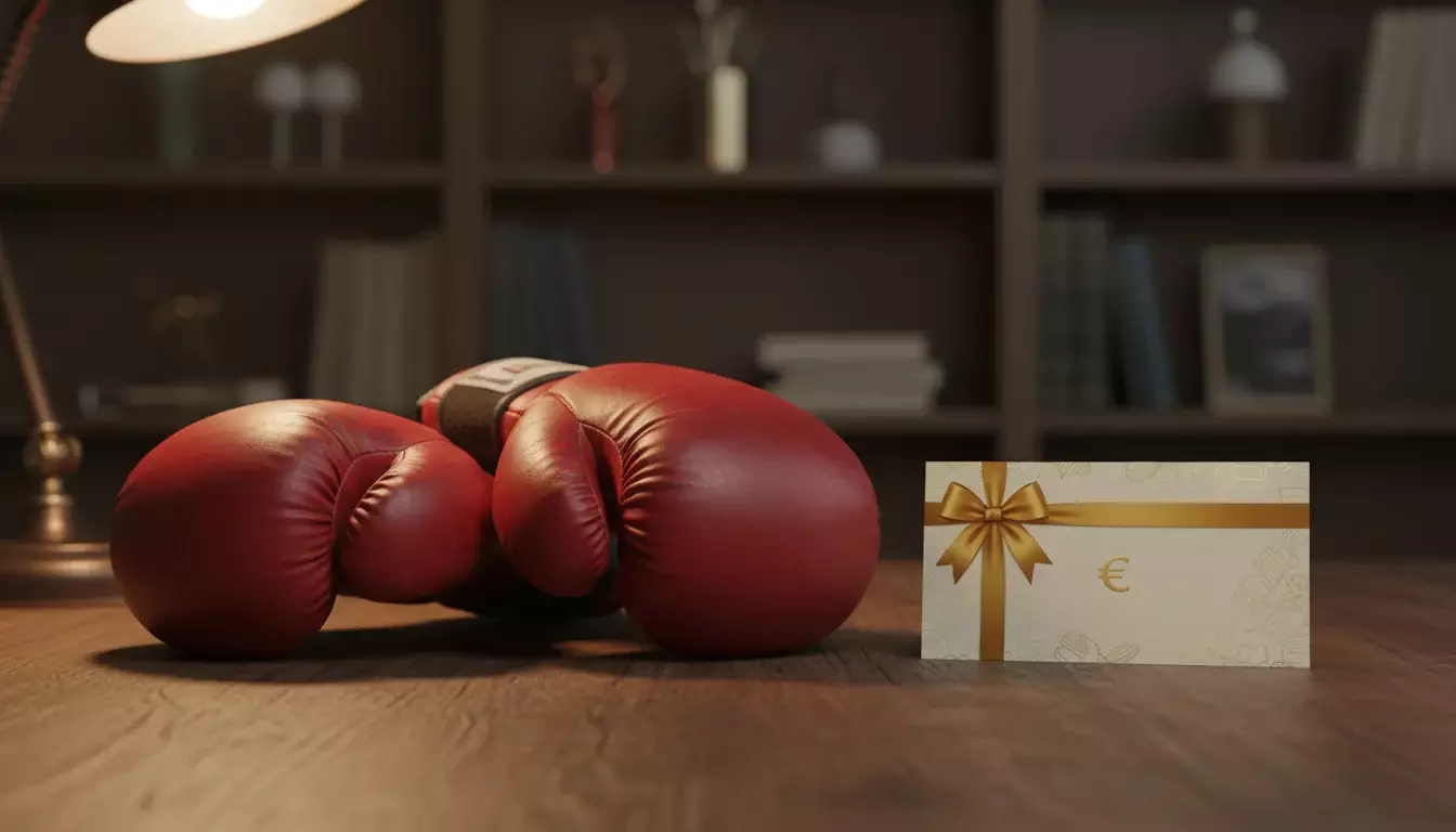 Boxhandschuhe neben einem Bonus-Gutschein auf einem Schreibtisch, warmes Licht