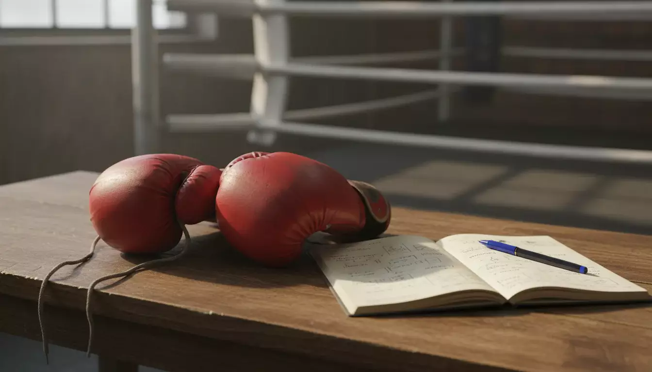 Boxhandschuhe und Wettschein auf einem Tisch neben einem Boxring