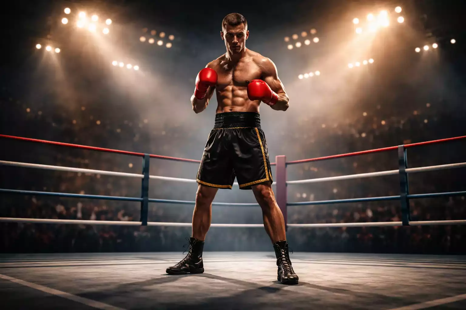 Profi-Boxer im Boxring unter dramatischer Beleuchtung vor einem Titelkampf