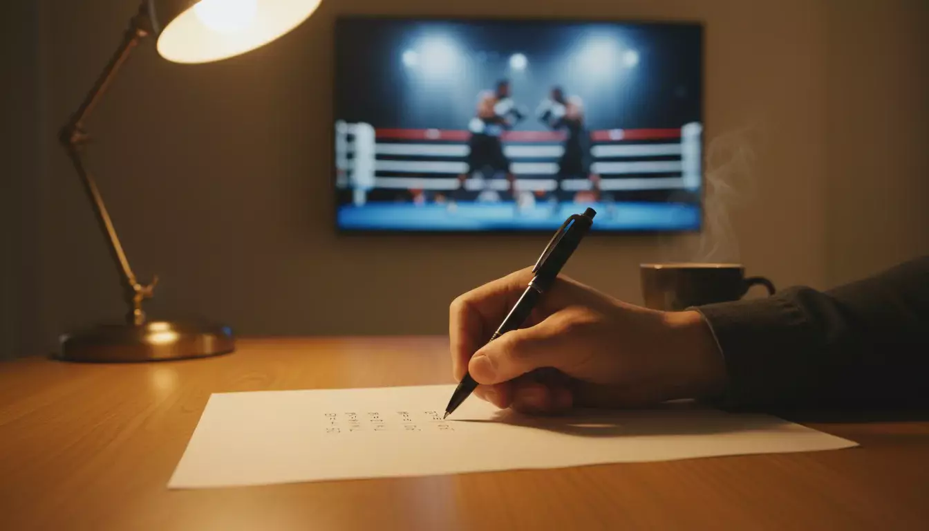 Nahaufnahme einer Hand mit Stift, die Wettquoten auf Papier notiert, Boxring im Hintergrund