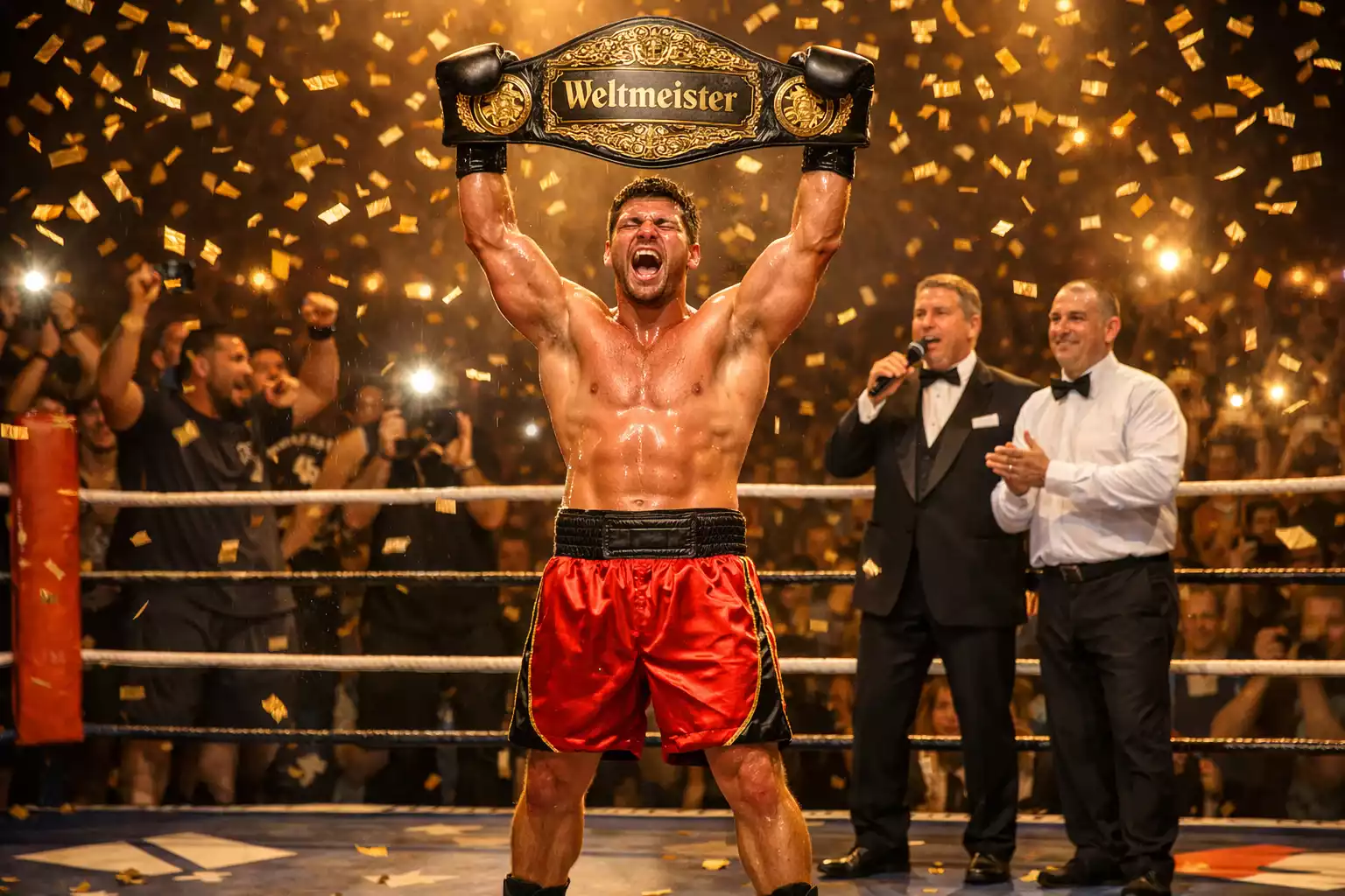 Weltmeister-Boxer mit Meisterschaftsgürtel bei der Siegerehrung im Boxring