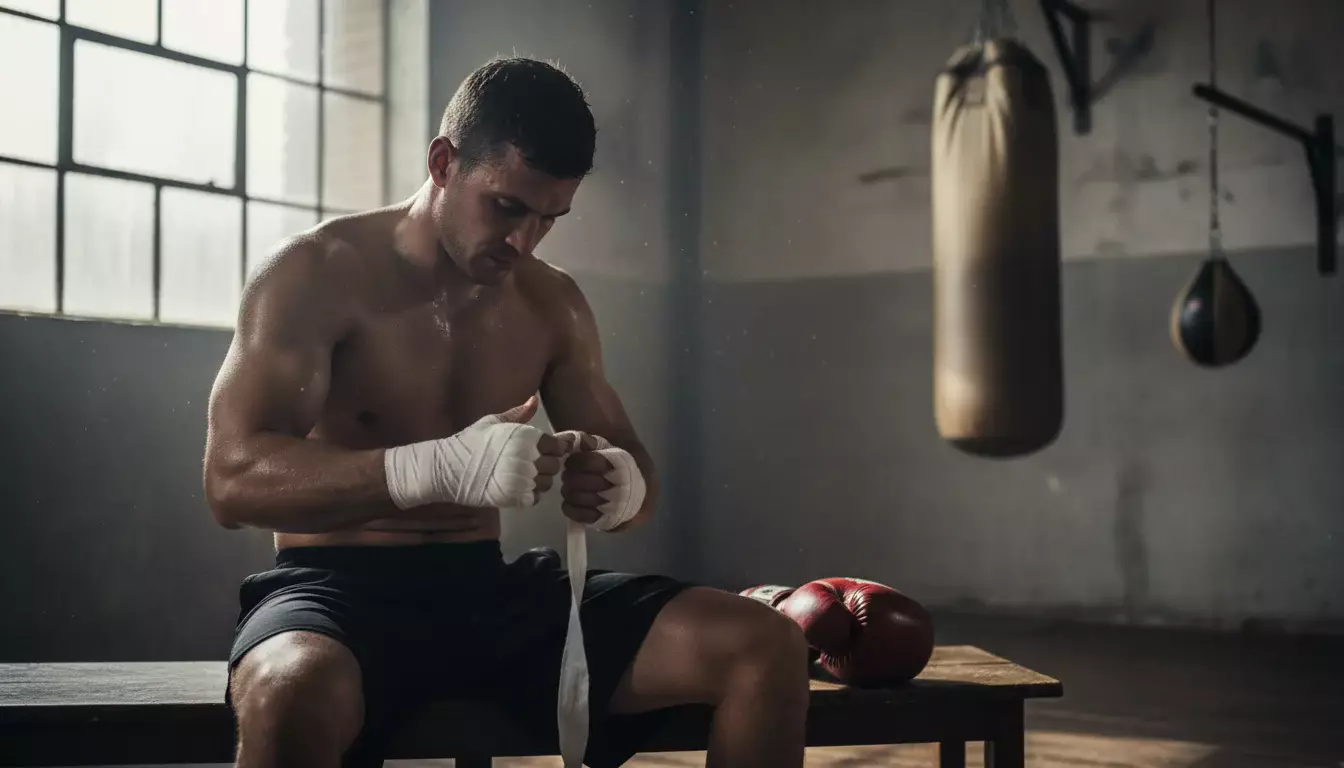 Nahaufnahme eines Boxers bei der Kampfvorbereitung im Trainingsring