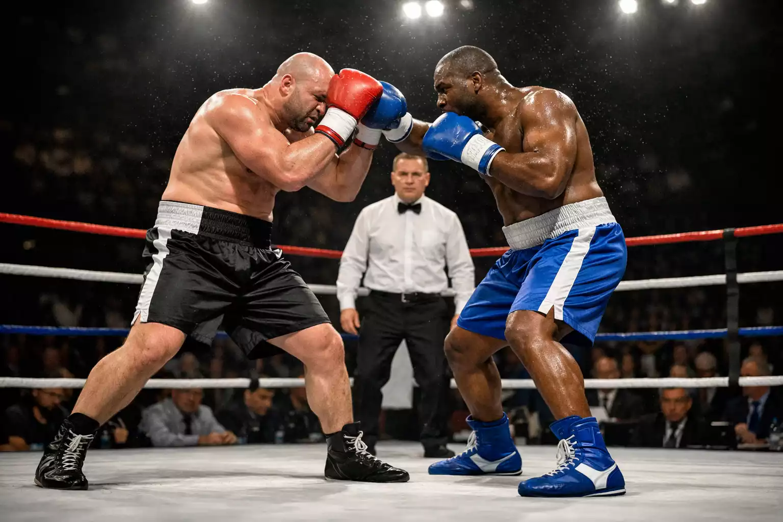 Zwei Boxer im Schwergewichtskampf während eines Titelkampfes mit Ringrichter im Hintergrund