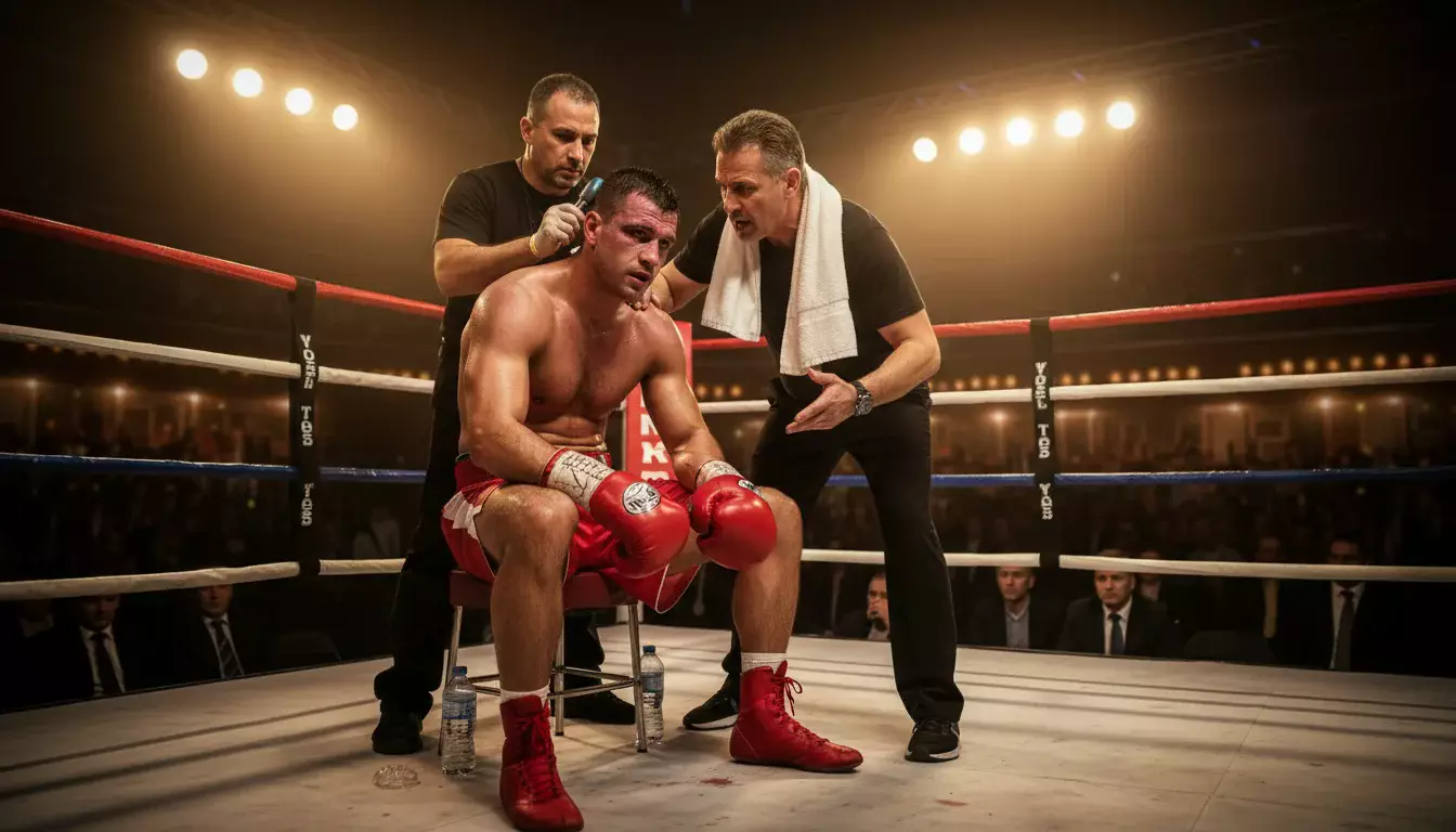 Boxer sitzt in der Ringecke während der Rundenpause, Trainer gibt Anweisungen