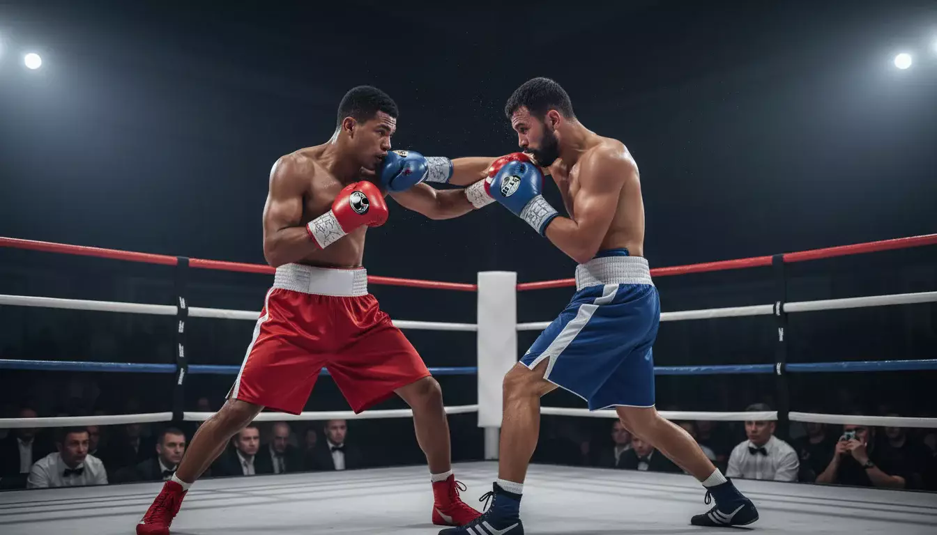 Zwei Boxer im Ring zeigen unterschiedliche Kampfstile beim Schlagabtausch