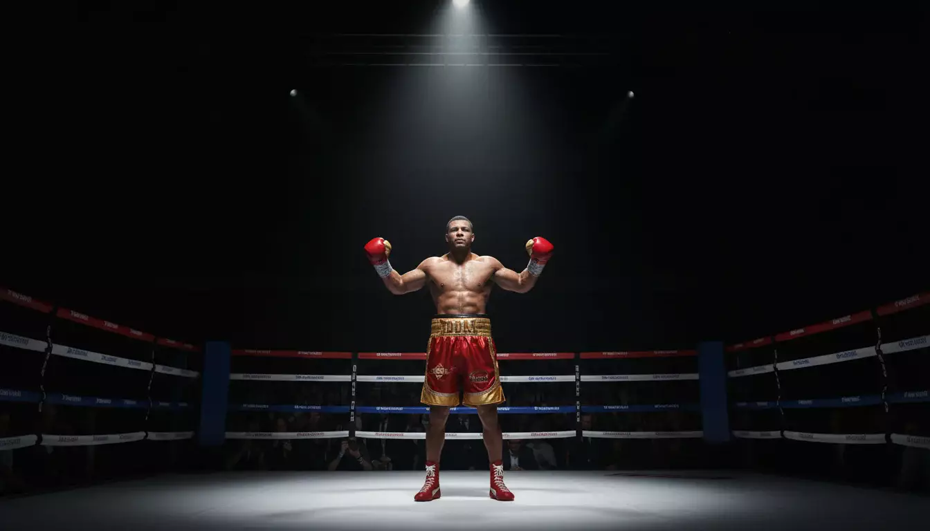 Dominanter Boxer im Rampenlicht des Boxrings vor dem Kampf