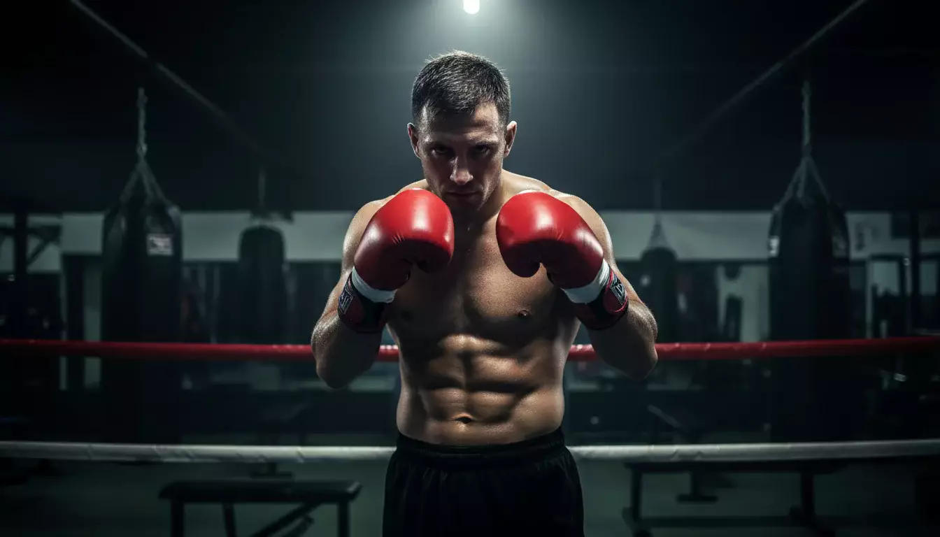Boxer in Kampfhaltung mit fokussiertem Blick im Trainingsring