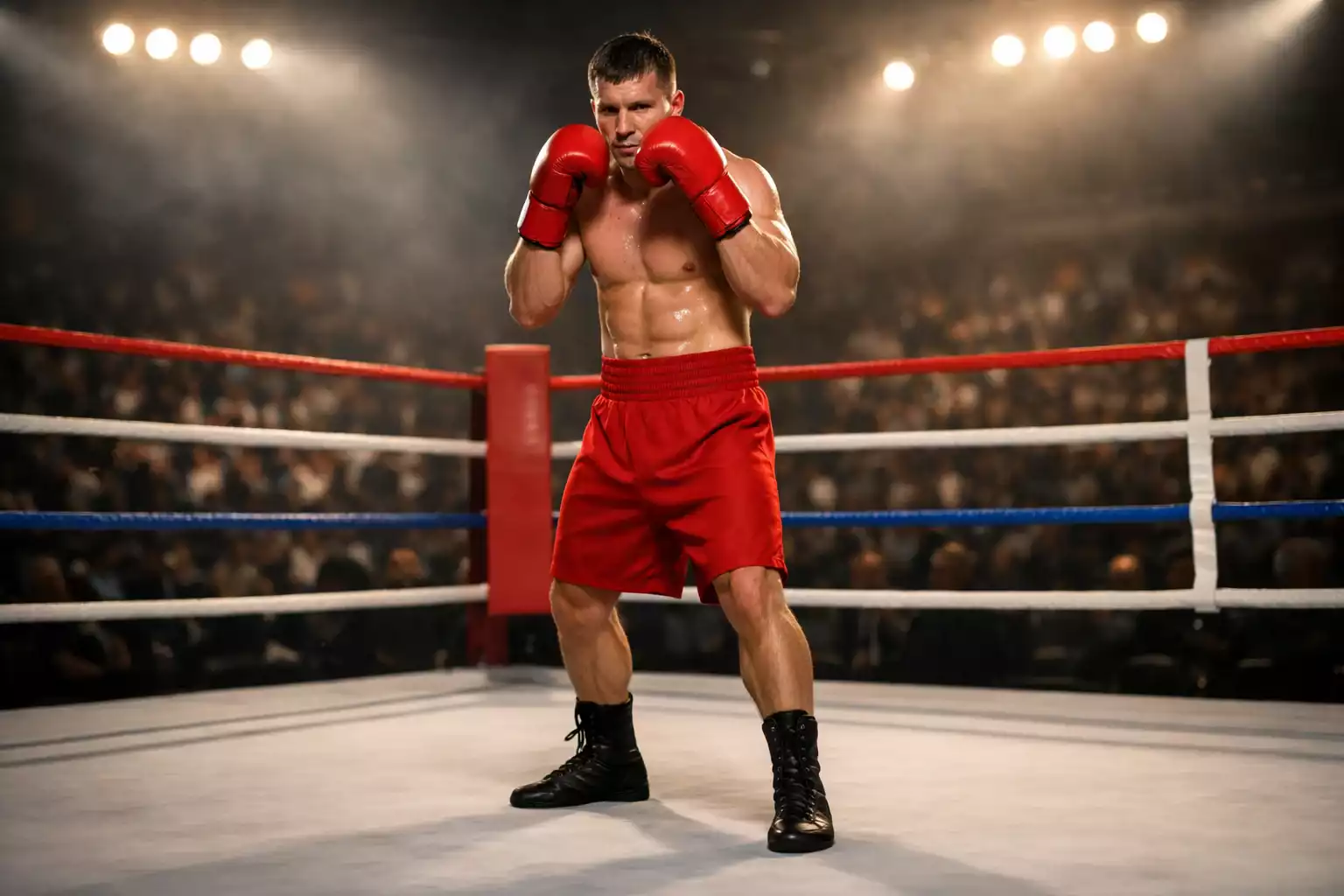 Boxer in Kampfstellung mit Boxhandschuhen im Ring