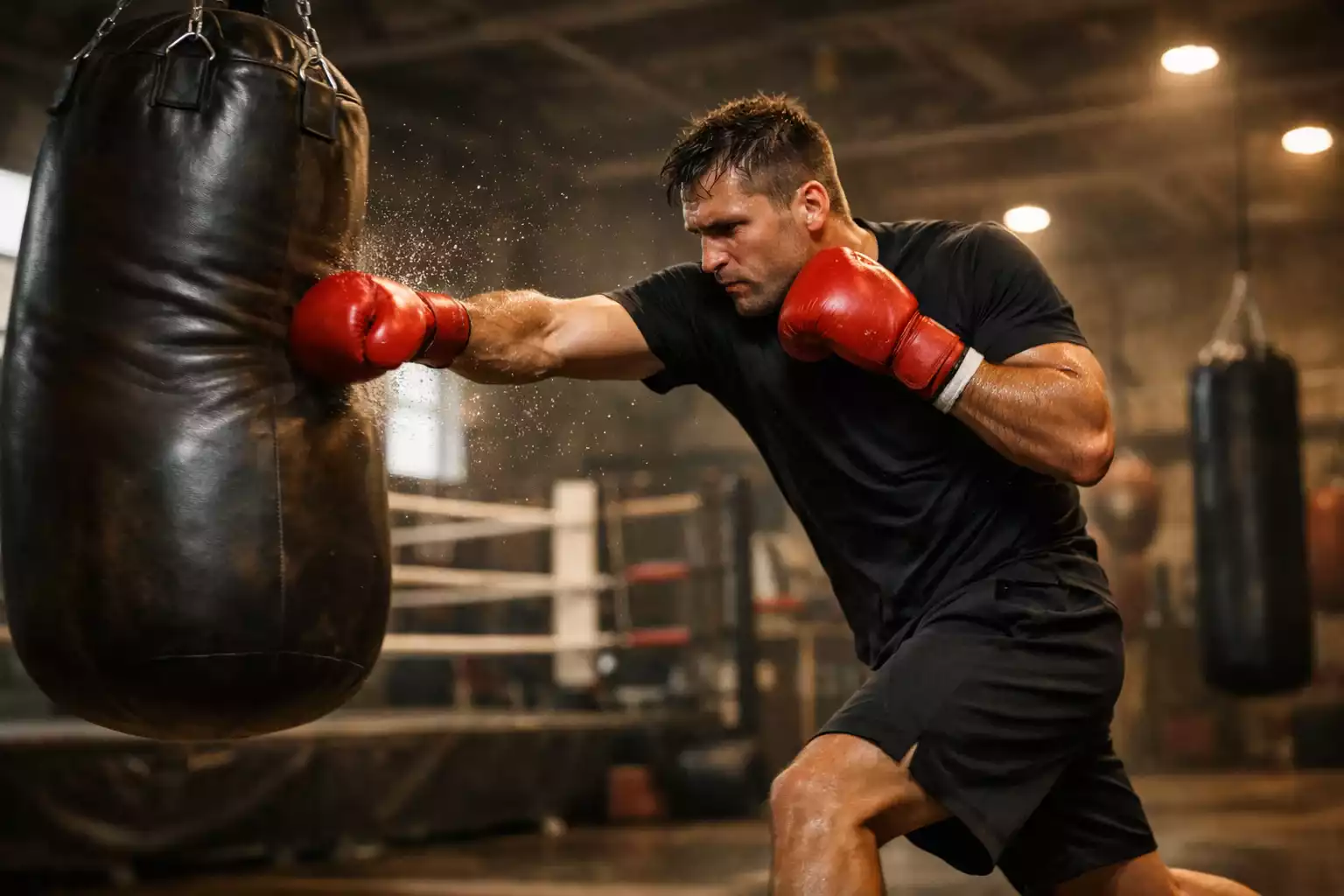 Boxer beim intensiven Training am Boxsack im Fitnessstudio