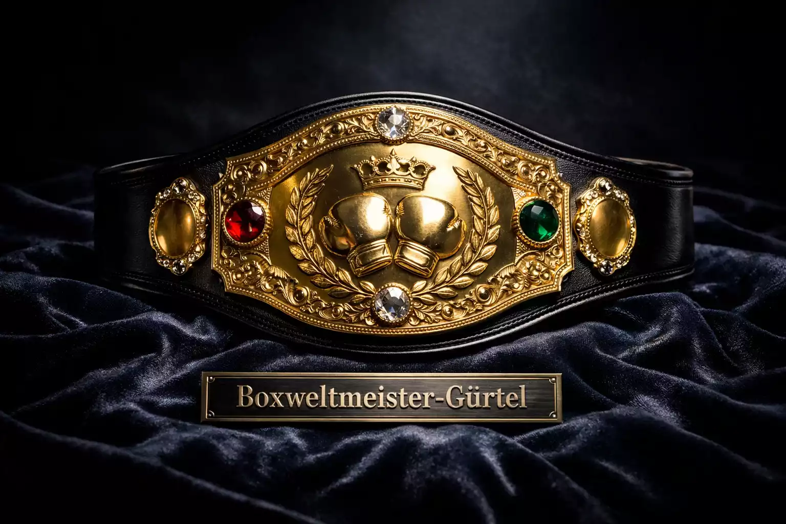 Goldener Boxweltmeister-Gürtel auf dunklem Samt