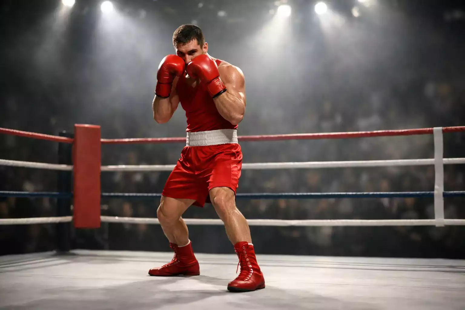 Boxer im Ring unter Scheinwerferlicht beim Profikampf