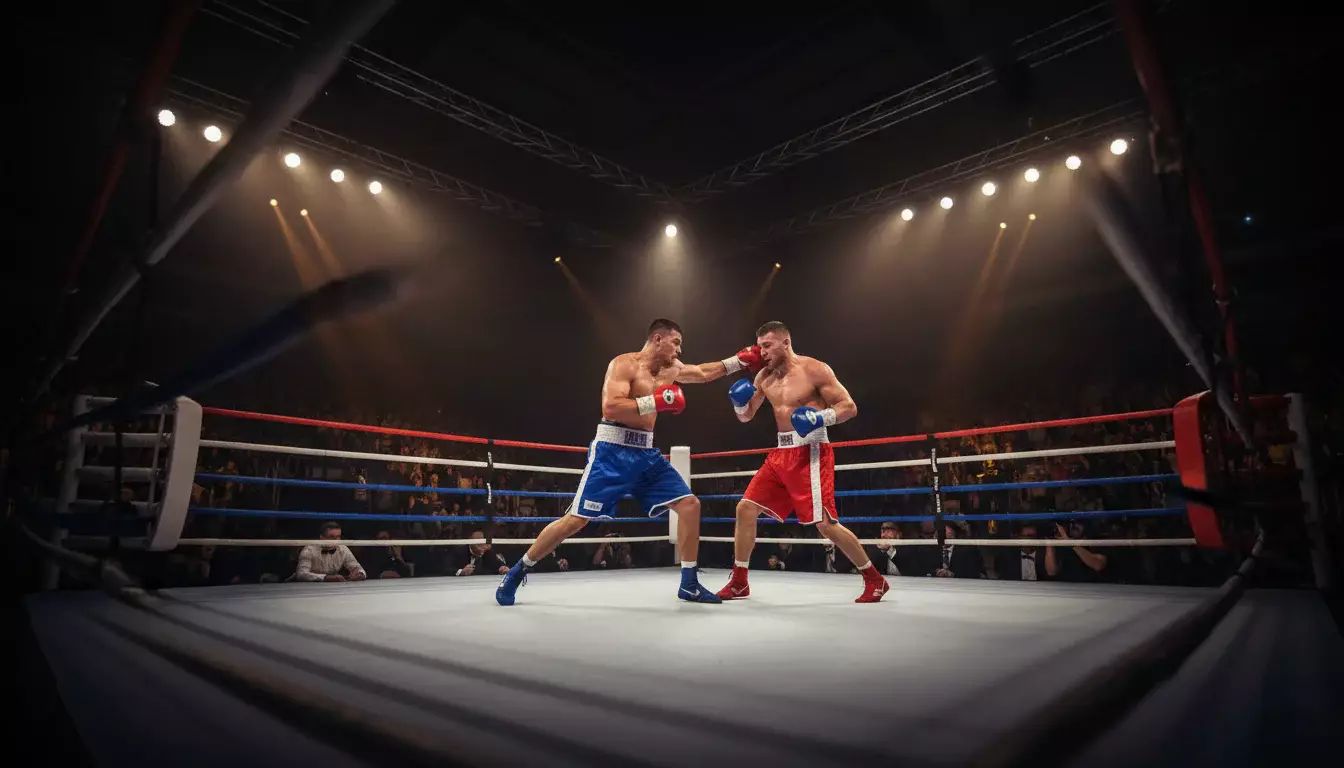Boxer im Ring mit Kombiwetten-Strategieübersicht beim Boxkampf