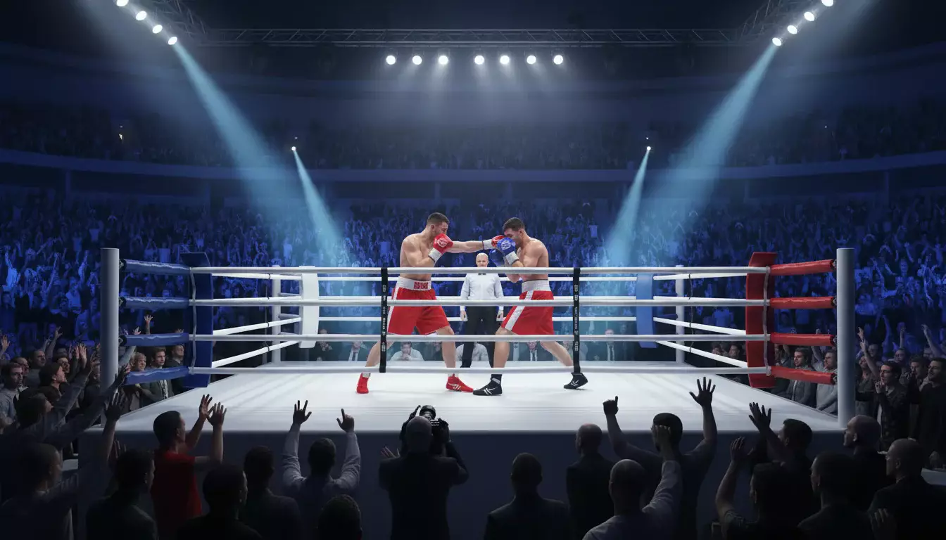 Spannender Boxkampf unter Scheinwerferlicht in einer vollen Arena