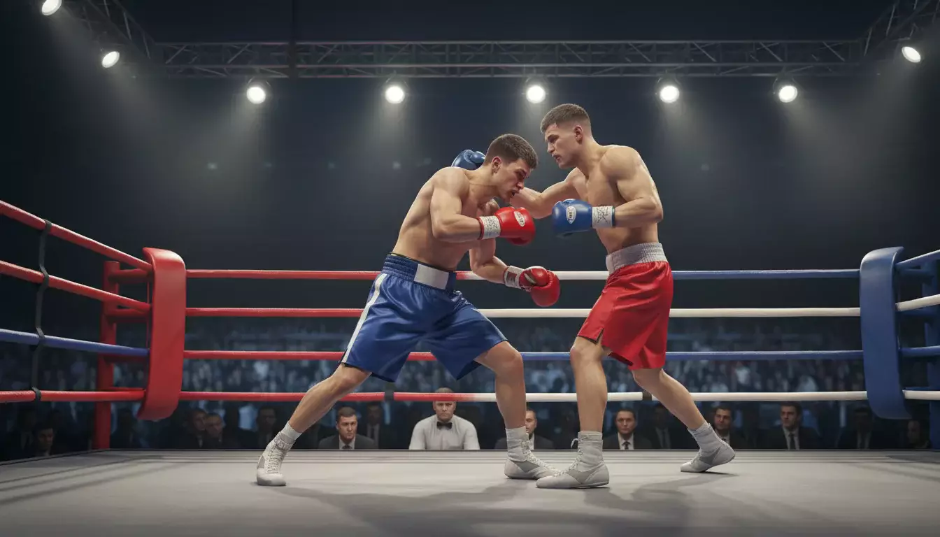 Weltergewichtsboxer in technischem Schlagabtausch mit schneller Beinarbeit im Ring