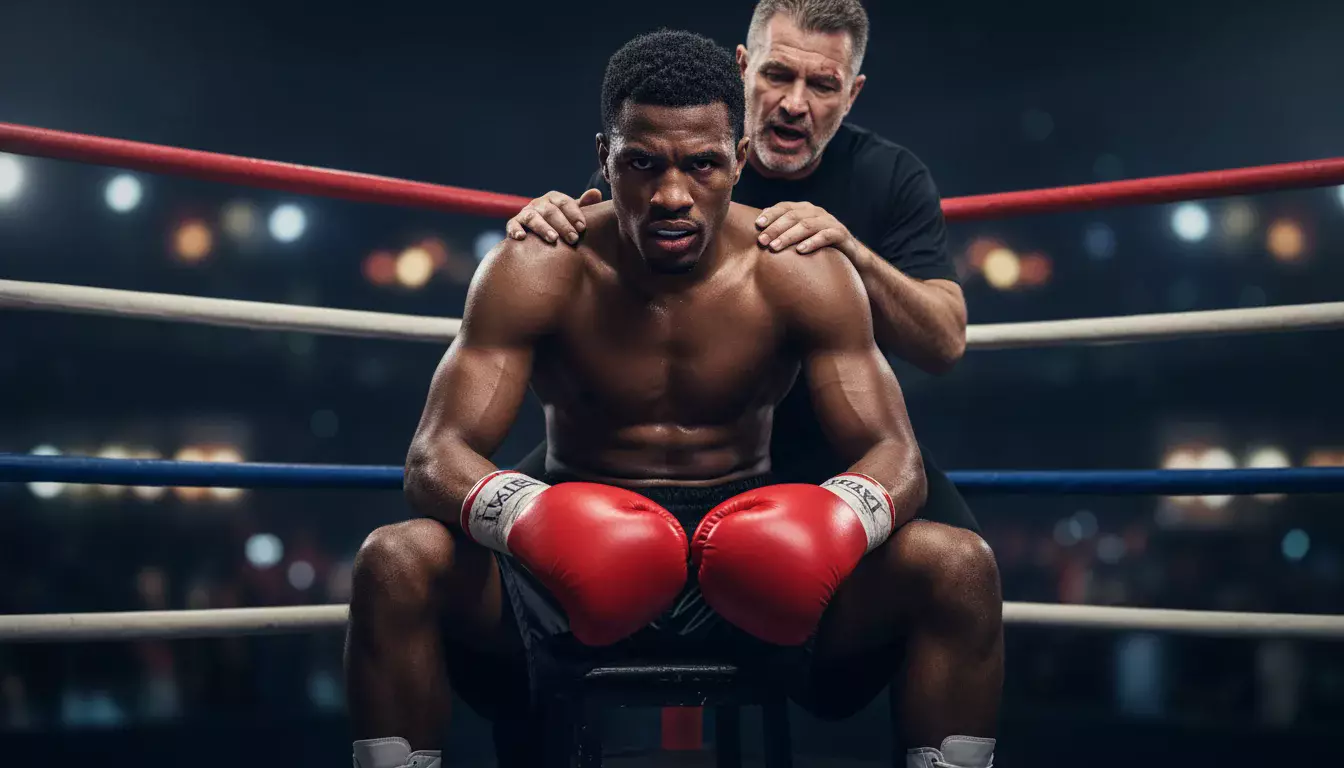 Konzentrierter Boxer mit intensivem Blick vor einem Kampf im Ring