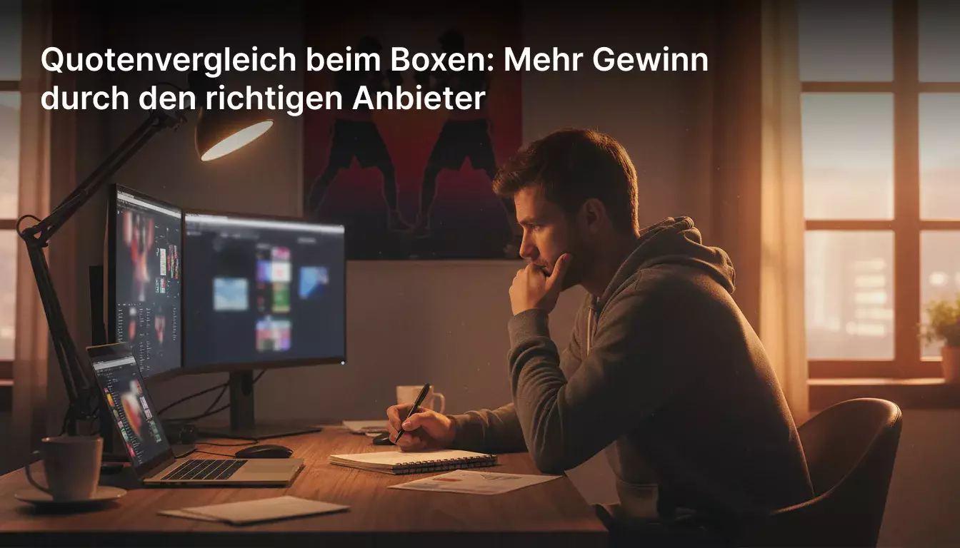 Sportfan vergleicht Wettquoten auf mehreren Bildschirmen, Boxplakat an der Wand