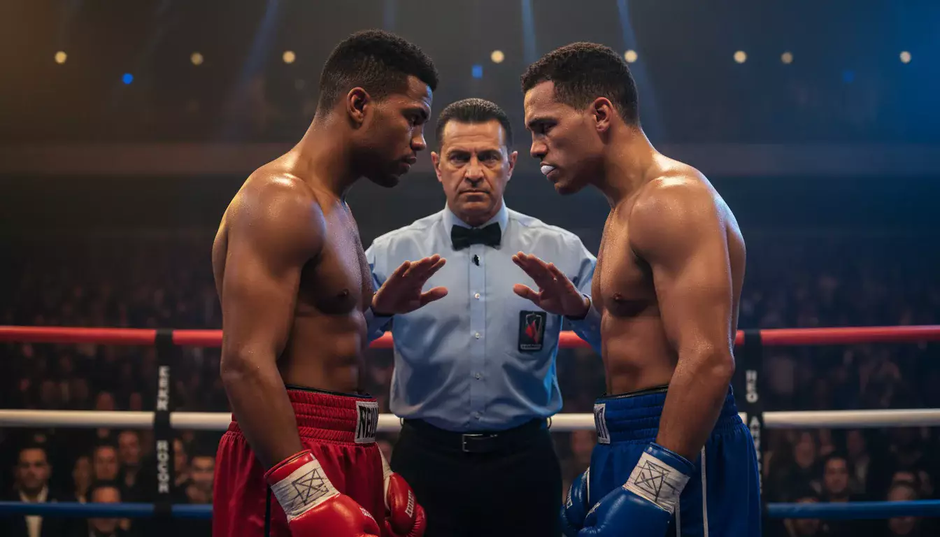 Zwei Boxer stehen sich vor einem Rückkampf im Ring gegenüber, angespannte Atmosphäre