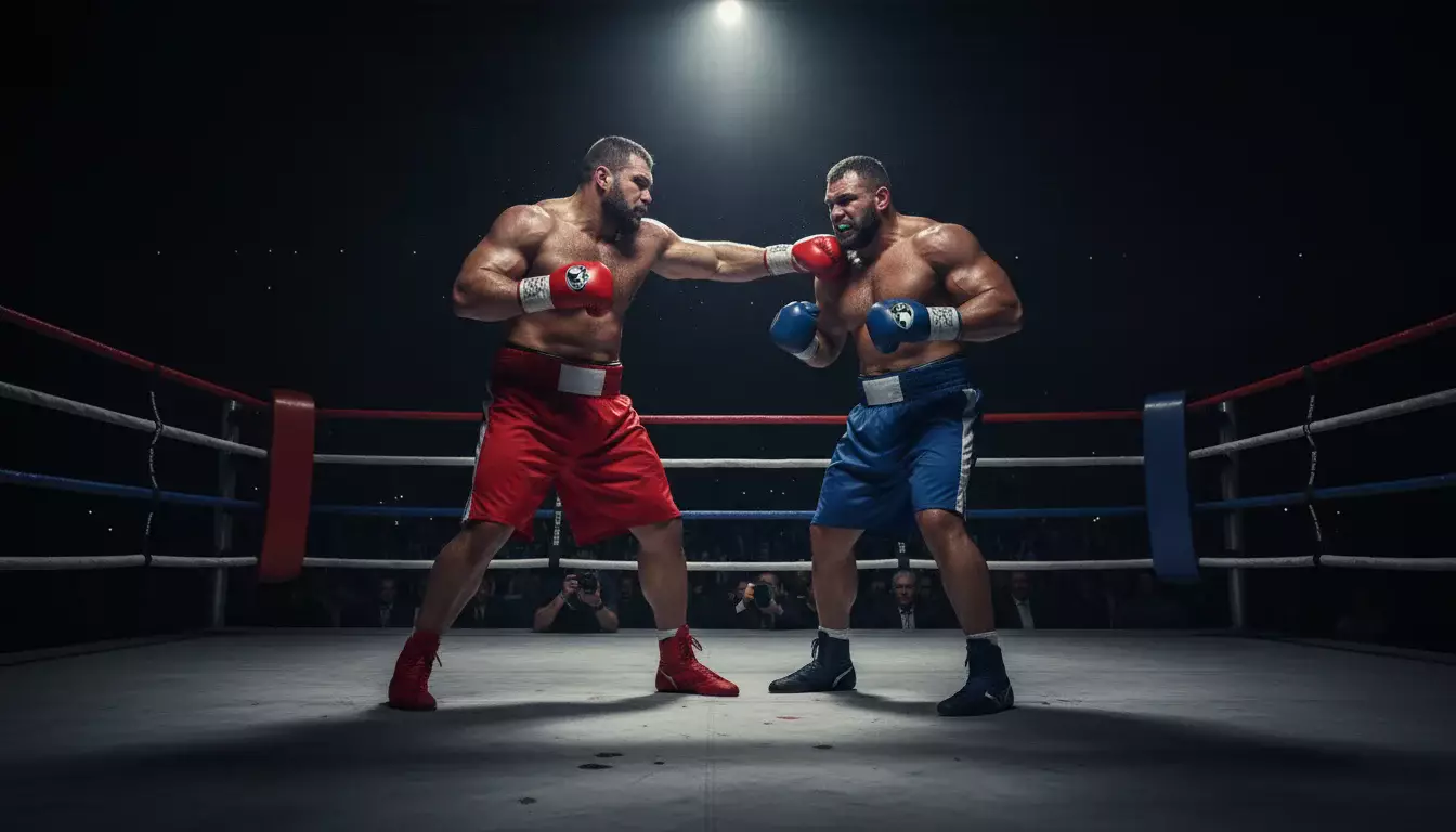Zwei Schwergewichtsboxer im Ring unter Scheinwerferlicht bei einem Titelkampf