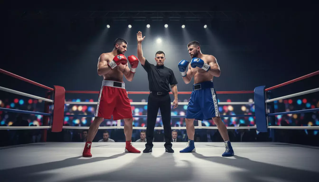 Boxer im Ring bereit zum Kampf unter Scheinwerferlicht