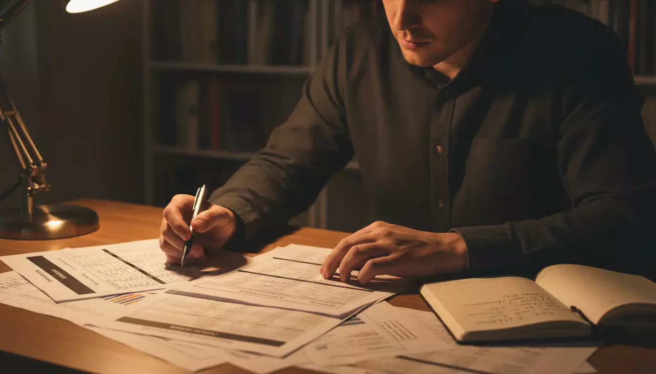 Analyst studiert Boxkampf-Statistiken an einem Schreibtisch mit Dokumenten