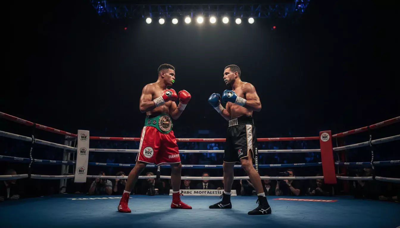 Zwei Boxer im Titelkampf unter Scheinwerferlicht im Ring