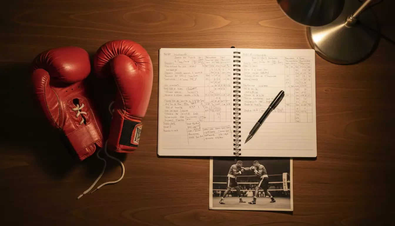 Boxhandschuhe neben Notizblock mit Quotenanalyse für Boxwetten